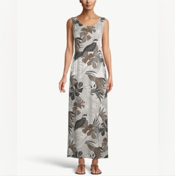 Chico's Dresses & Skirts - Chico’s Palm Print Stretch Maxi Dress Black Tan Sleeveless Size 8/10
